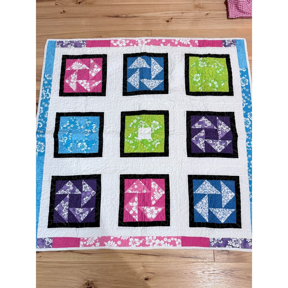 Handmade Hawaiian Floral Patchwork Quilt Throw 46x46